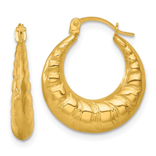 14k Yellow Gold Polished and Textured Scalloped Hollow Hoop Earrings