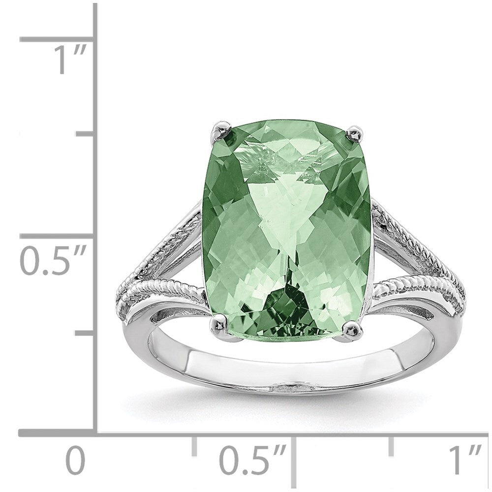 Sterling Silver Rhodium Checker-Cut Green Quartz Ring Size 7