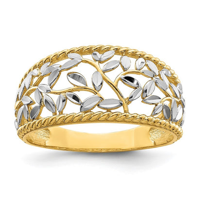 14K Yellow Gold w/Rhodium Diamond-cut Filigree Leaf Ring Size 7