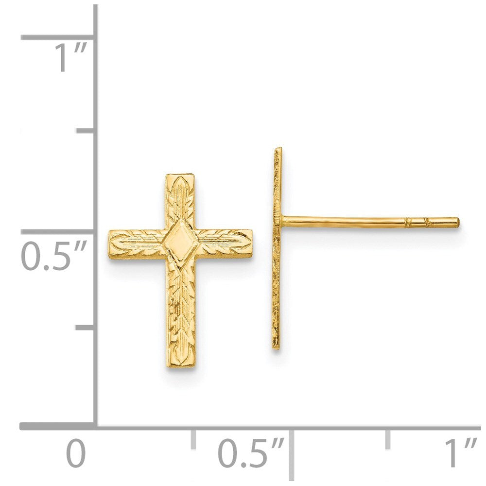 14k Yellow Gold Polished & Textured Cross Stud Earrings Gift for Women