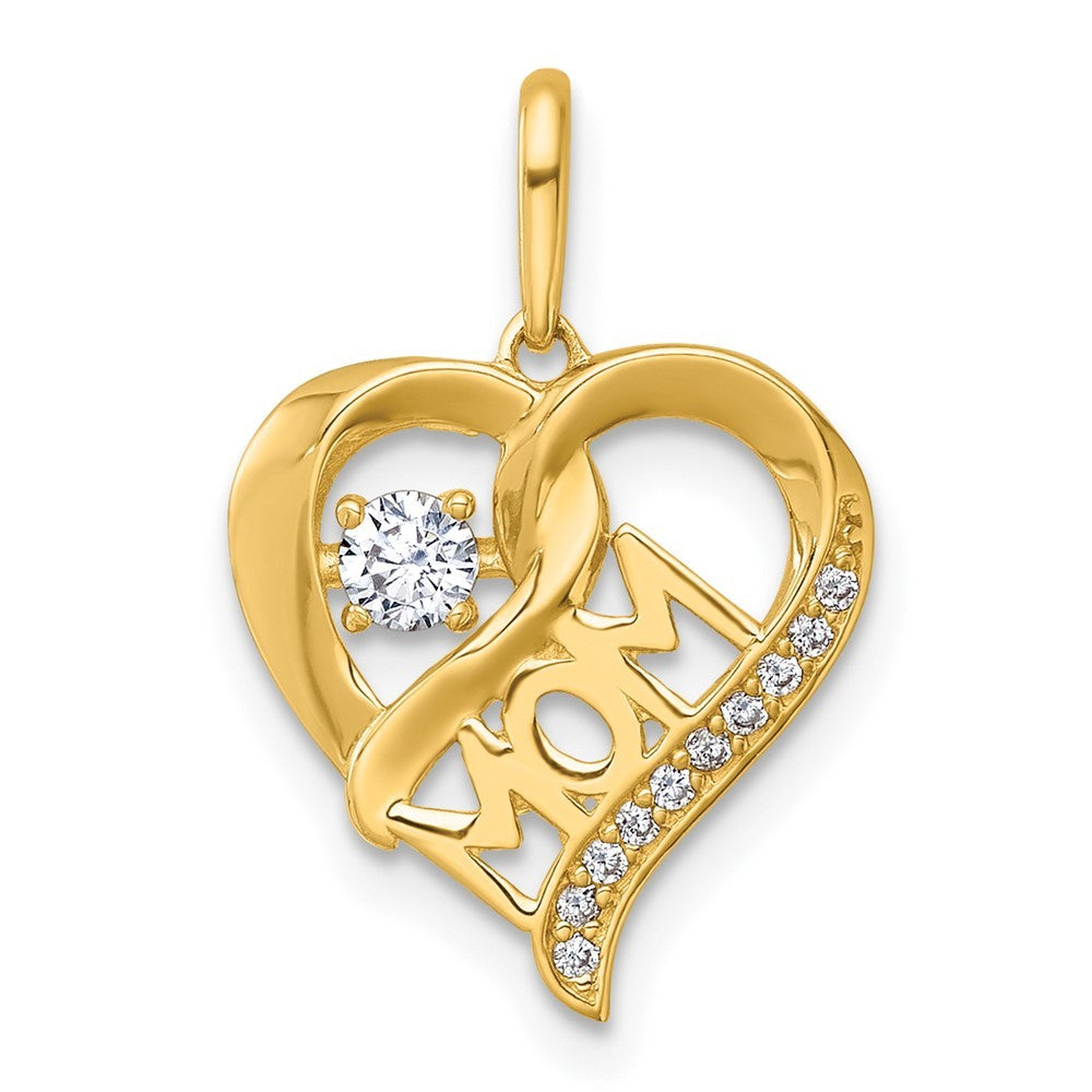 14k Yellow Gold Polished White CZ MOM Open Heart Charm Pendant