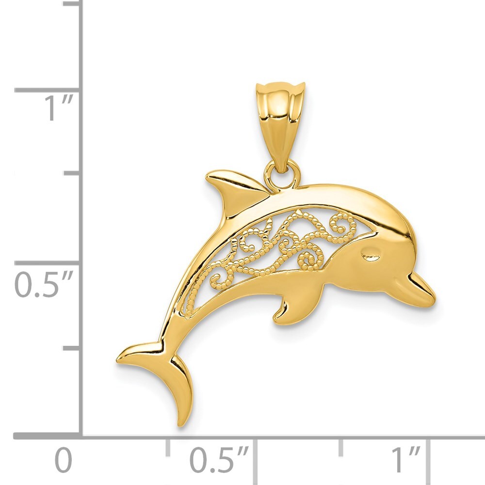 14k Yellow Gold Filigree Dolphin Pendant for Women