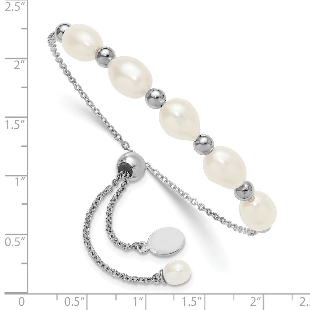 Sterling Silver Rhodium-plated Bead 7mm Cultured Pearl Adjustable Bolo Bracelet
