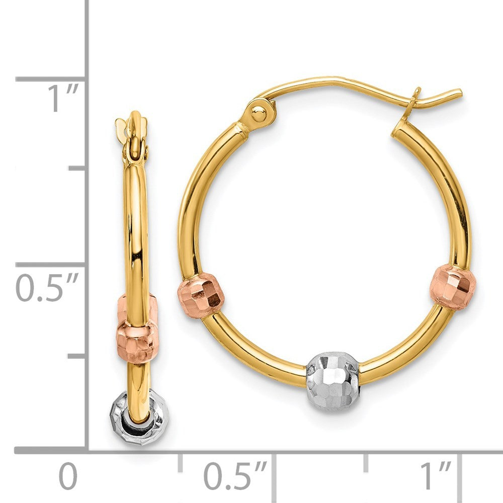 14k Tri-color Polished with Diamond-Cut Beads Hoop Earrings