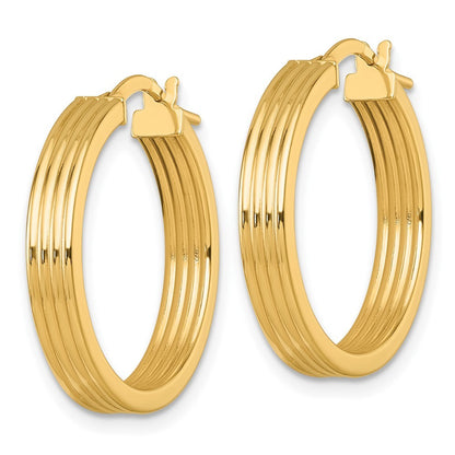 14k Yellow Gold Polished and Grooved 4 x 24mm Tube Hoop Earrings