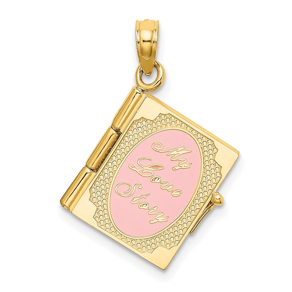 14k Yellow Gold Enameled 3D Moveable MY LOVE STORY Book Pendant for Women