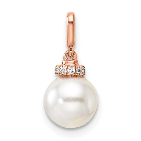 14K Rose Gold  1/20 carat Diamond and White Freshwater Cultured Pearl Pendant