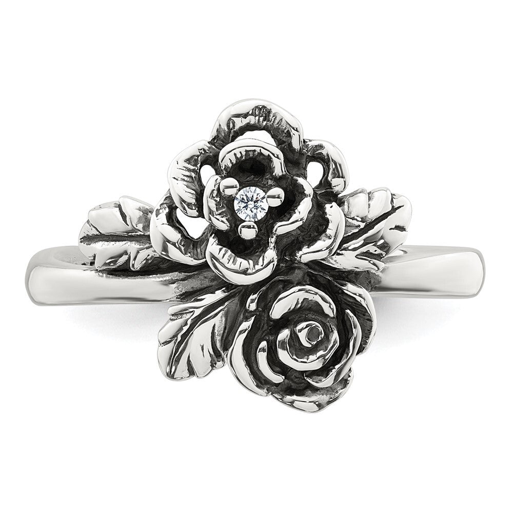 Sterling Silver Antiqued Polished Cubic Zirconia Flower Ring Size 7