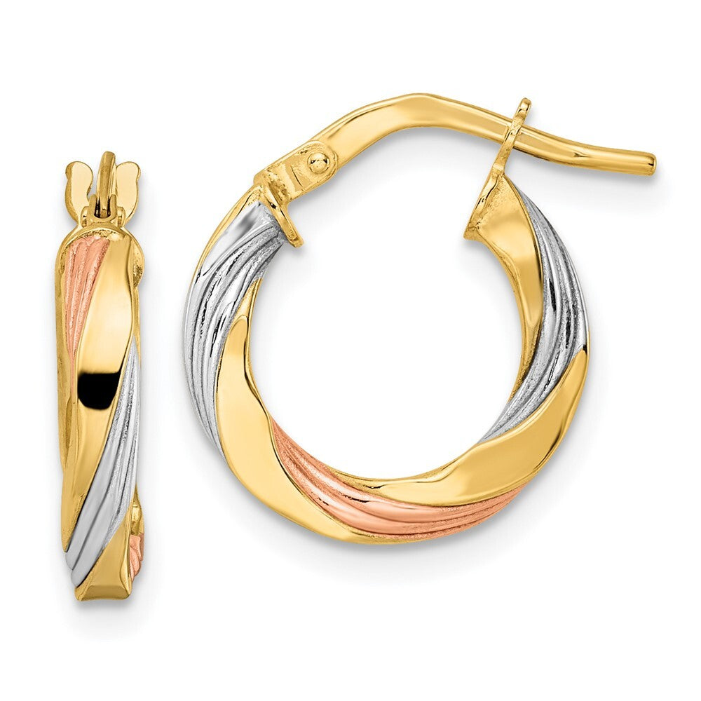 14k Yellow Gold Rose & White Rhodium Polished Twisted Hoop Earrings