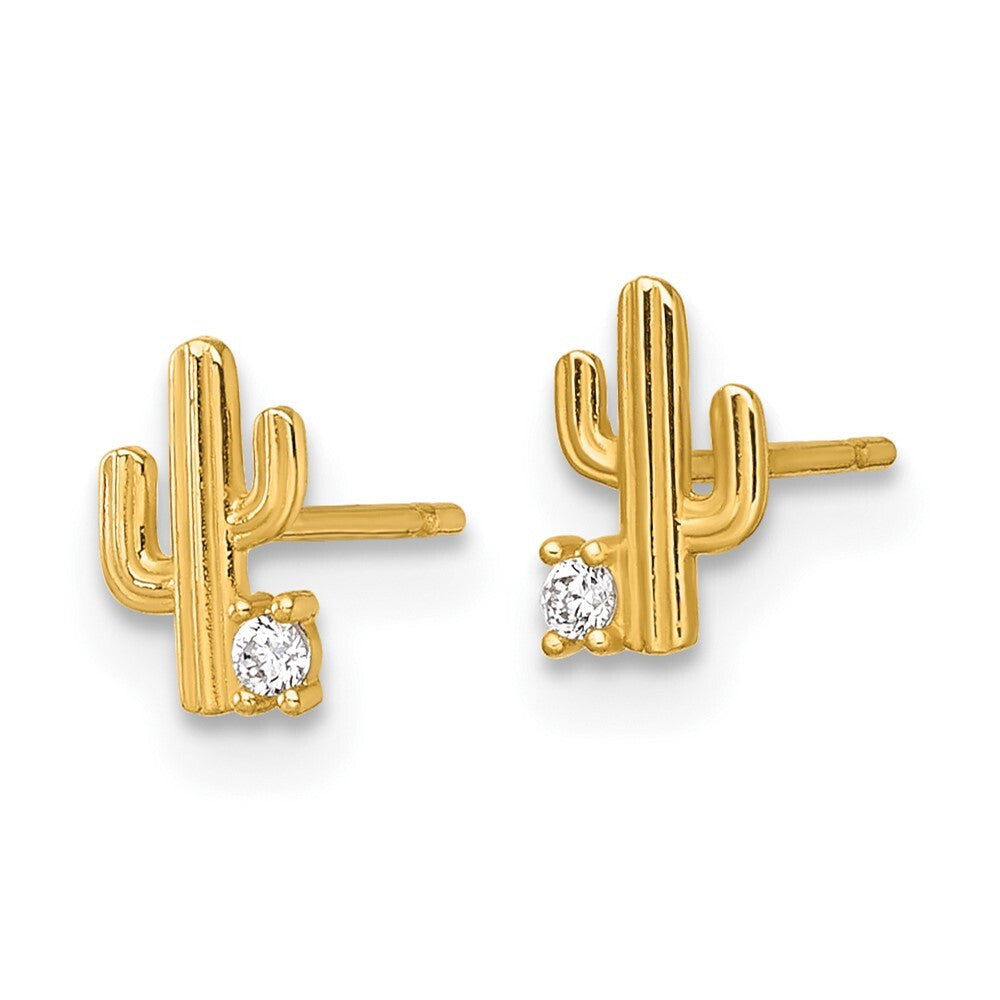14k Yellow Gold Polished Cubic Zirconia Cactus Stud Earrings Gift for Women
