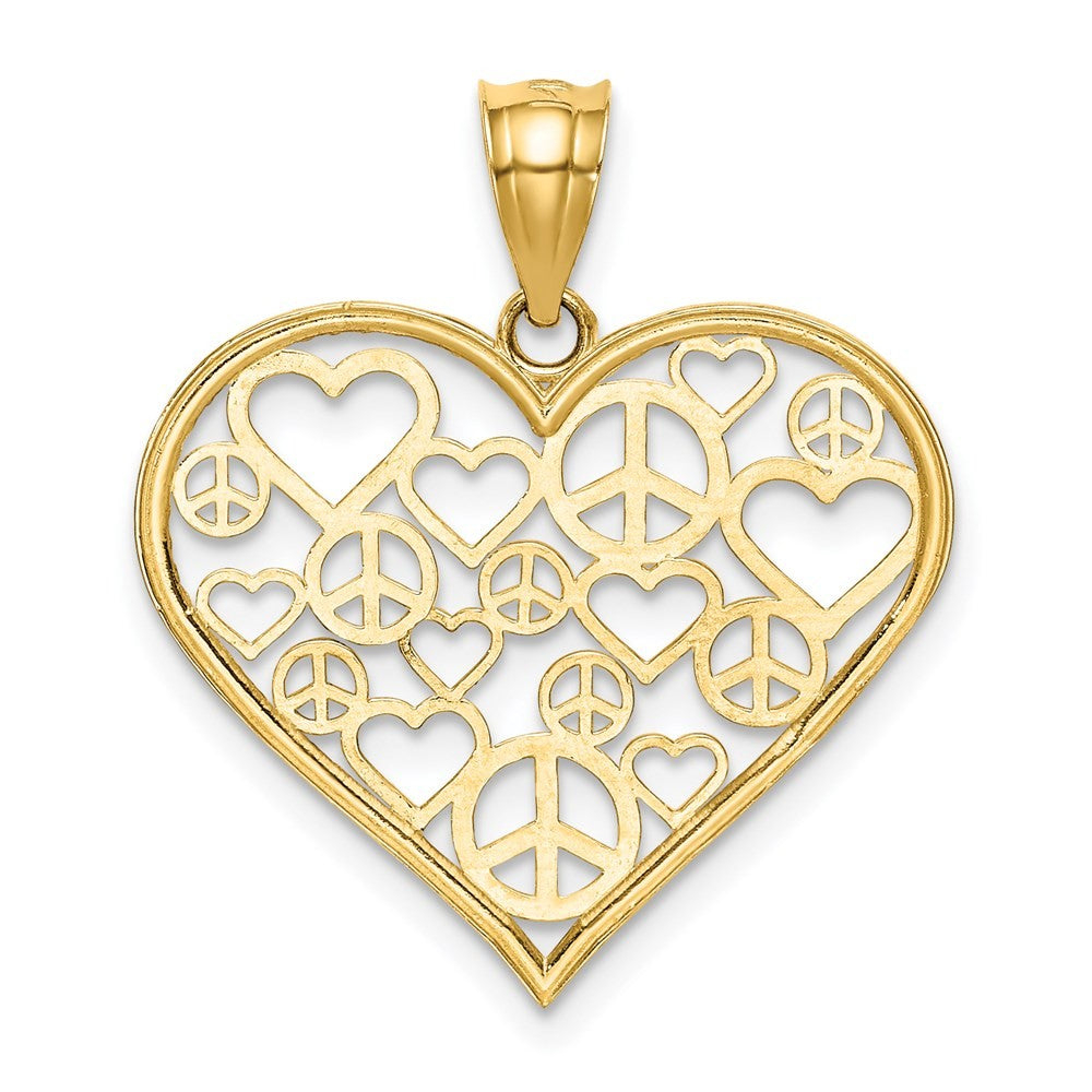 14k Yellow Gold Polished Hearts and Peace Signs in Heart Pendant