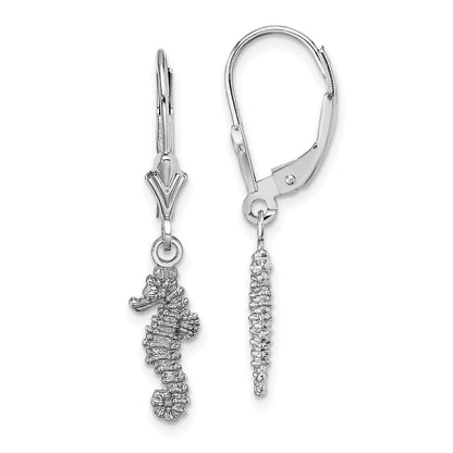 14K White Gold 3-D Seahorse Drop Dangle Earrings