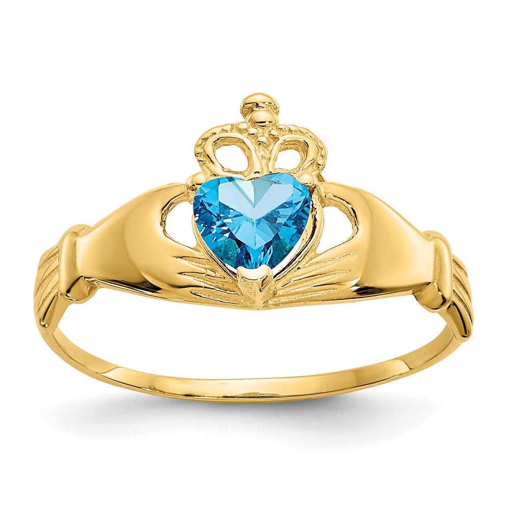 14K Yellow Gold CZ December Birthstone Claddagh Heart Ring