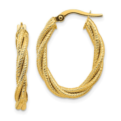 14k Yellow Gold Polished Textured Twisted Oval Hoop Earrings