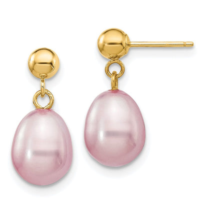 14k Yellow Gold 7-8mm Purple Rice Freshwater Cultured Pearl Dangle Earrings
