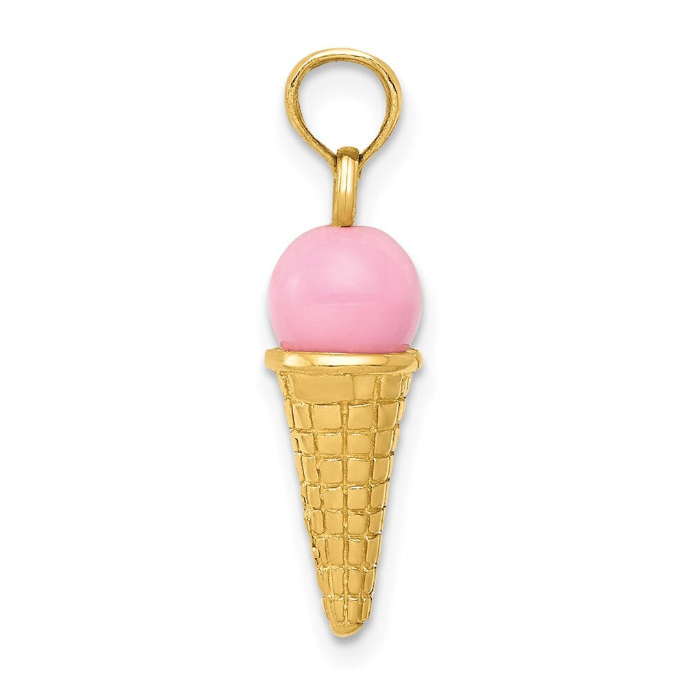 14k Yellow Gold Satin Polished 3D Pink Quartz Ice Cream Cone Charm Pendant
