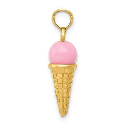 14k Yellow Gold Satin Polished 3D Pink Quartz Ice Cream Cone Charm Pendant