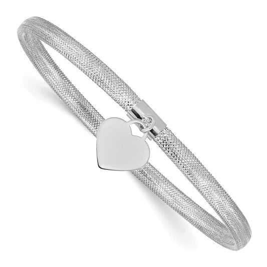 14k Yellow Gold White Rhodium 4mm Heart Dangle Mesh Slip-on Stretch Bracelet