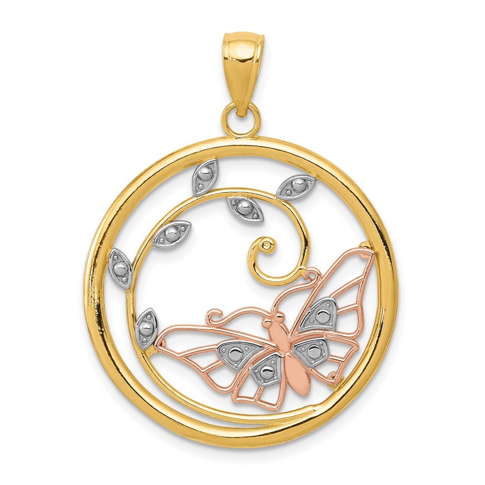 14k Two-tone Gold White Rhodium Butterfly in Circle Pendant for Women