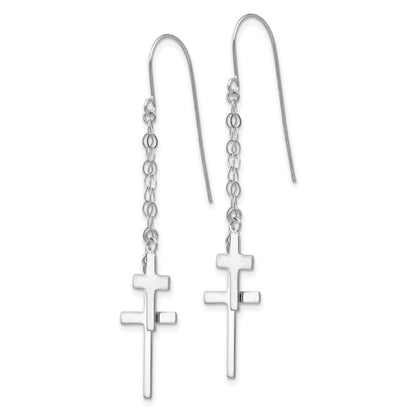 14K White Gold Chain Dangle Cross Drop Dangle Earrings w/ Shepherd Hook
