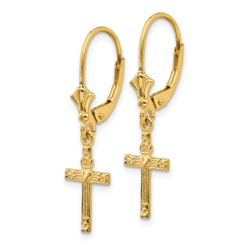 14k Yellow Gold Mini Cross with Heart Drop Dangle Earrings