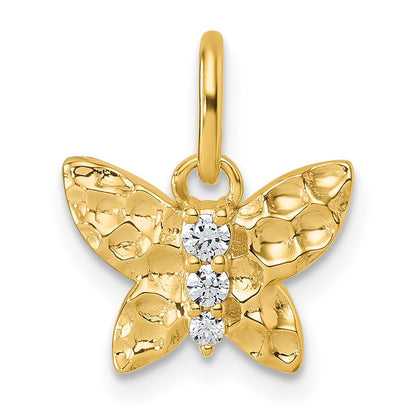 14k Yellow Gold Polished and Hammered Diamond Butterfly Pendant