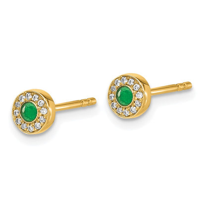 14k Yellow Gold Diamond and Emerald Halo Stud Earrings
