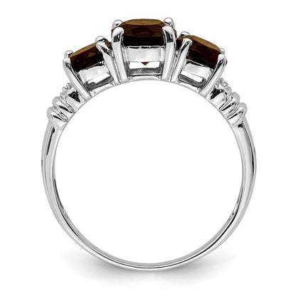 Sterling Silver Rhodium 3 Stone Smoky Quartz & Diamond Ring Size 6