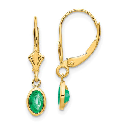 14k Yellow Gold 6x4 Oval Bezel May/Emerald Dangle Earrings Leverback