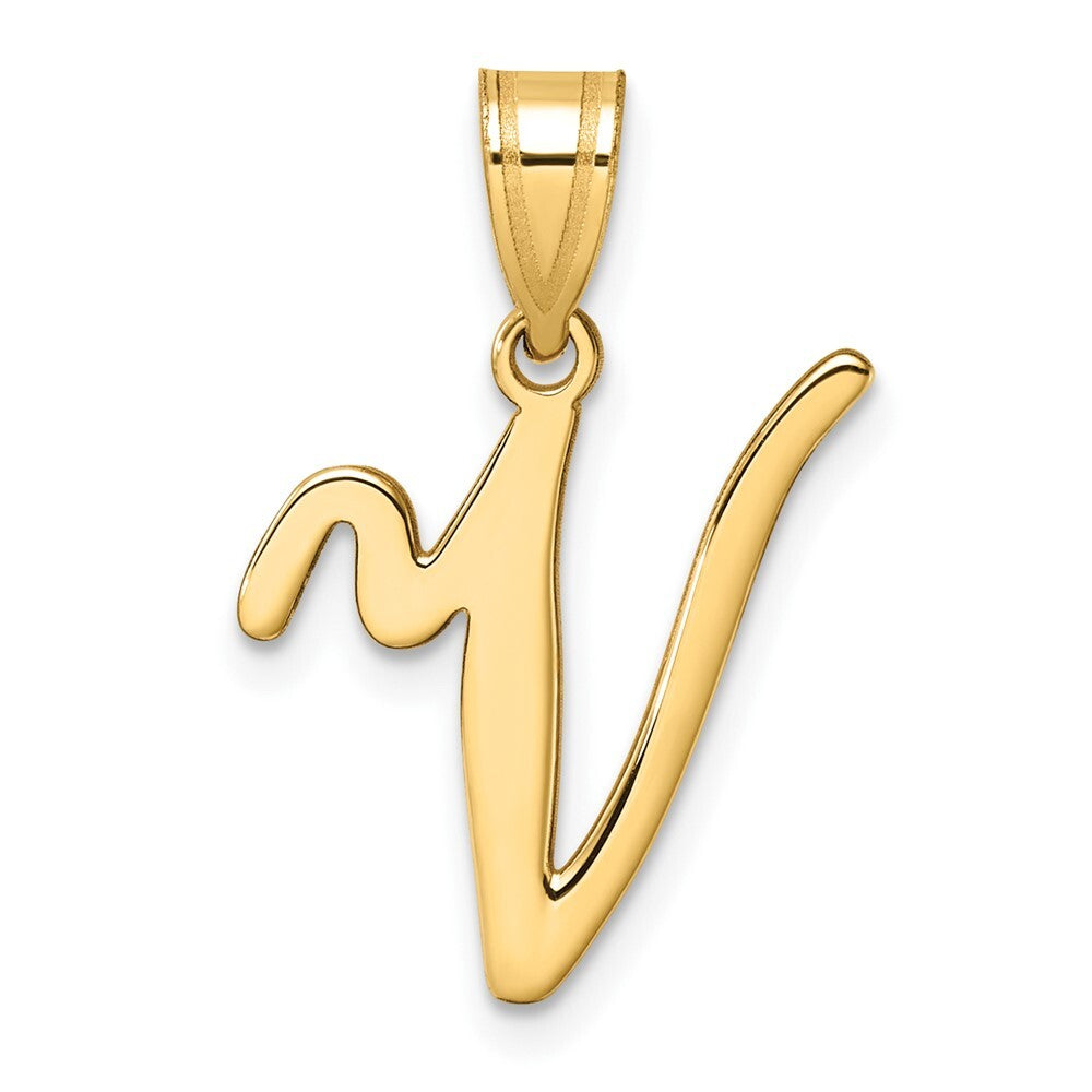 14k Yellow Gold Script Letter V Initial Pendant for Women