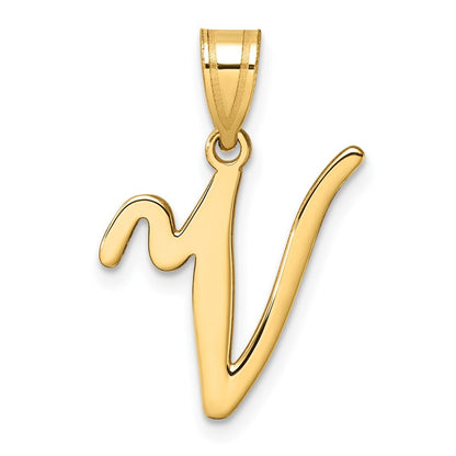 14k Yellow Gold Script Letter V Initial Pendant for Women