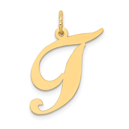 14k Yellow Gold Large Fancy Script Letter T Initial Charm Pendant for Women