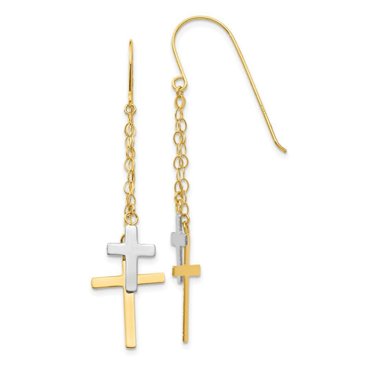 14K Two-tone Chain Dangle Cross Drop Dangle Earrings w/ Shepherd Hook