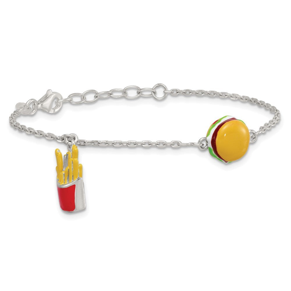 Sterling Silver  Multi-colored Enamel Burger and Fries Bracelet  6" with 1" Ext