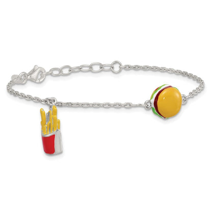 Sterling Silver  Multi-colored Enamel Burger and Fries Bracelet  6" with 1" Ext