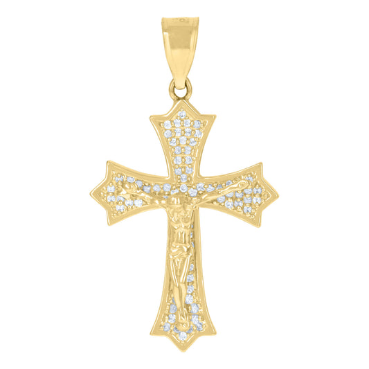 10k Yellow Gold Cubic-Zirconia Religious Fleur De Lis Crucifix Cross Pendant