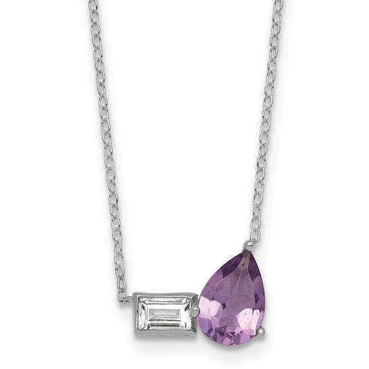Sterling Silver Pear Amethyst and Emerald-cut White Topaz Necklace 16" w/ 2" Ext