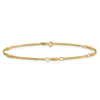 14k Yellow Gold Polished and Diamond-cut 5-Station Beaded Mixed Link 10" Anklet