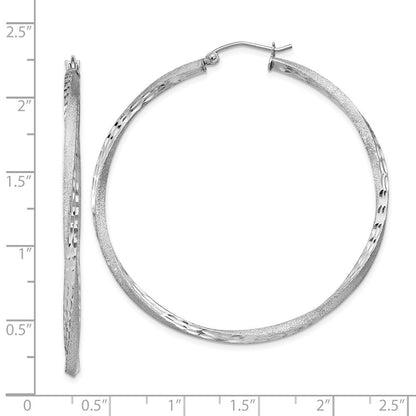 Sterling Silver RH-plated Satin Diamond-cut 2.5x50mm Twisted Hoop Earrings