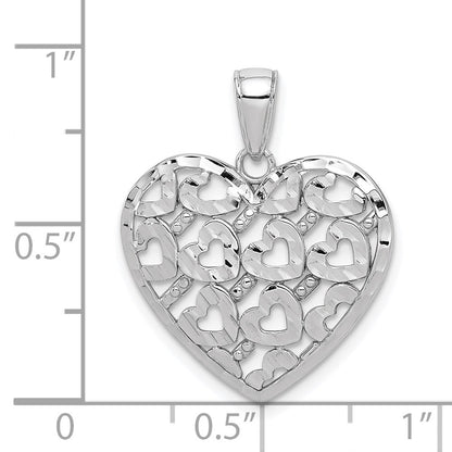 14k White Gold Diamond-cut Heart Pattern On Heart Charm Pendant for Women