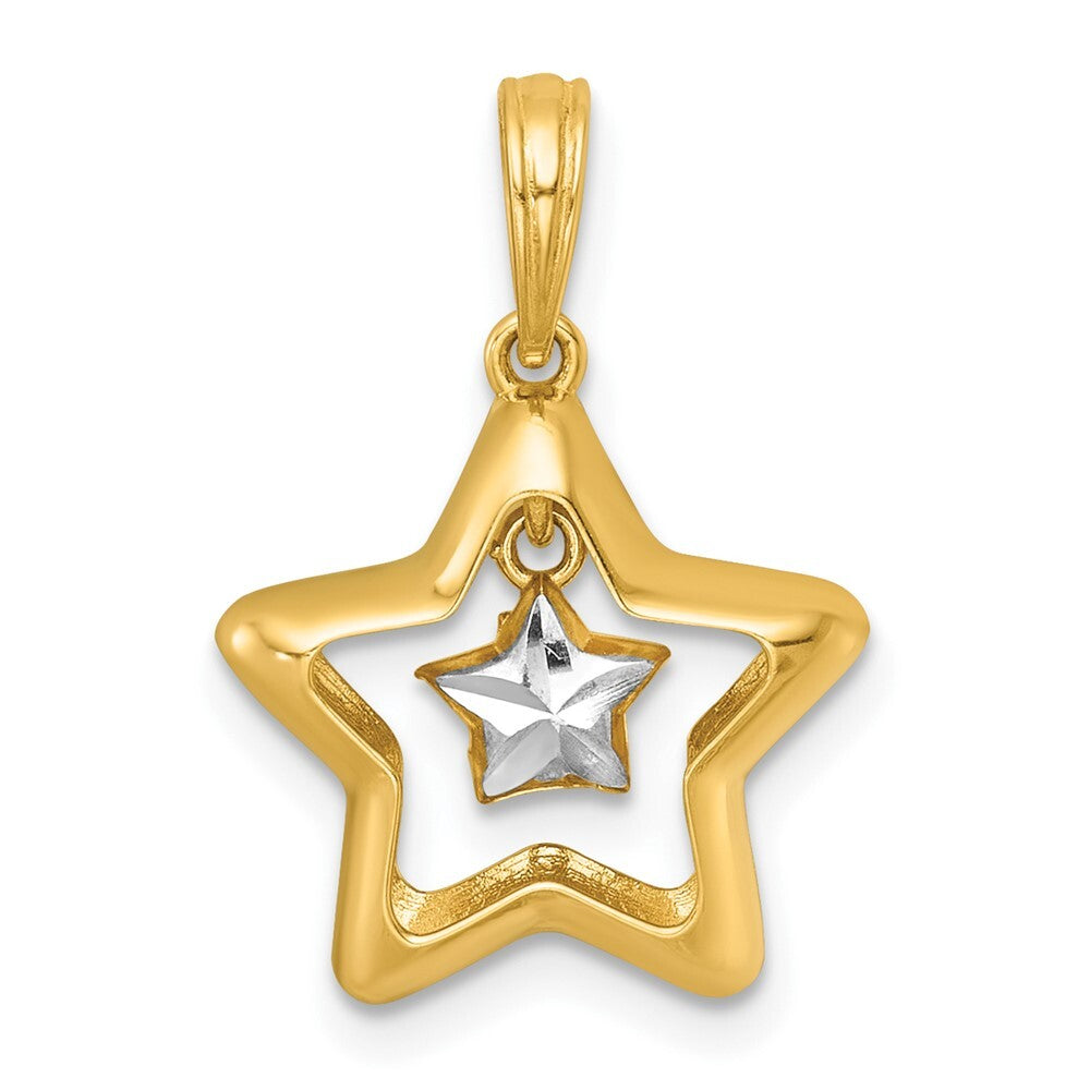 14k Yellow Gold with White Rhodium Polished Star In Star Dangle Charm Pendant