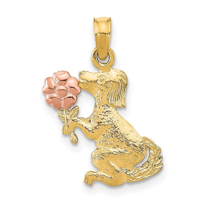 14k Two-tone Gold Dog Holding Flower Charm Pendant for Women