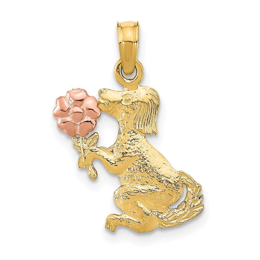 14k Two-tone Gold Dog Holding Flower Charm Pendant for Women