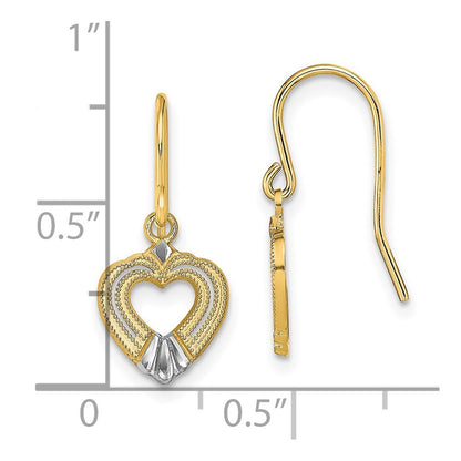 14k Yellow Gold White Rhodium Polished Heart Shepherd Hook Stud Earrings