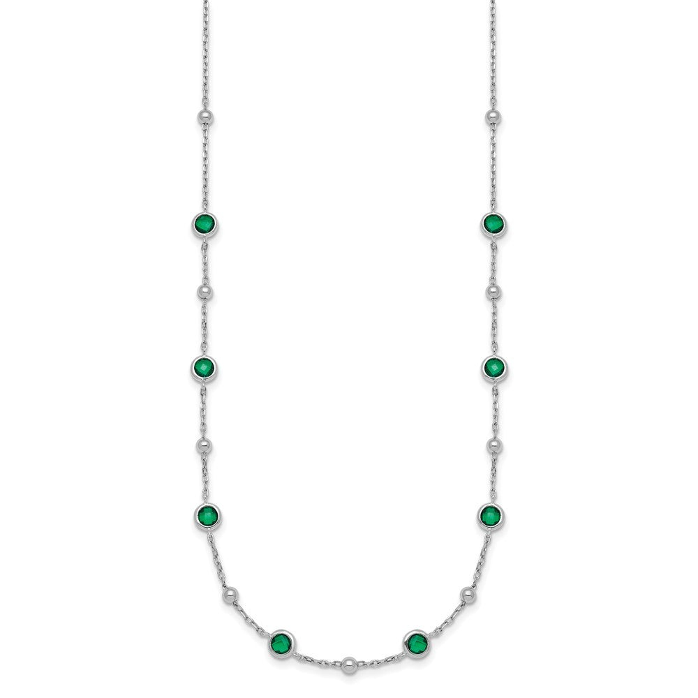 Sterling Silver &Beaded Bezel-set Round Green CZ 16" with 2" Extension Necklace