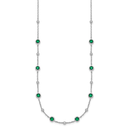 Sterling Silver &Beaded Bezel-set Round Green CZ 16" with 2" Extension Necklace
