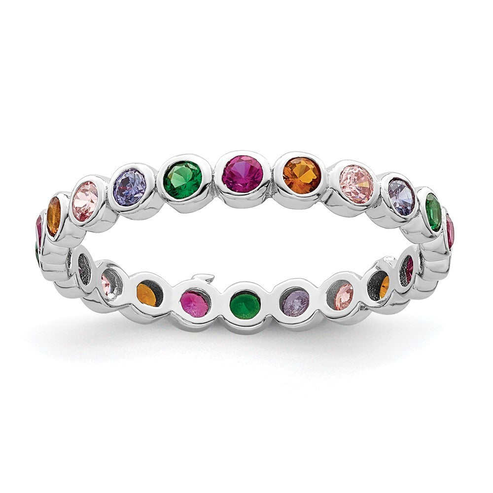 Sterling Silver Rhodium-plated Polished Multi-Color CZ Band Ring Size 8
