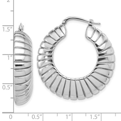 Sterling Silver RH-plated Polished and Striped Large Round Hoop Earrings