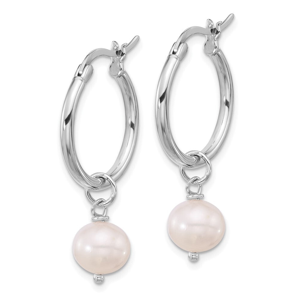 Sterling Silver 8-9mm White Near-Round Cultured Pearl Dangle Hoop Earrings