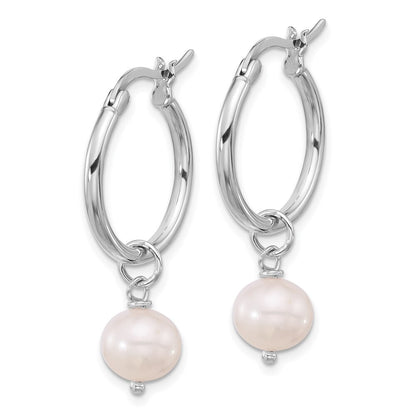 Sterling Silver 8-9mm White Near-Round Cultured Pearl Dangle Hoop Earrings
